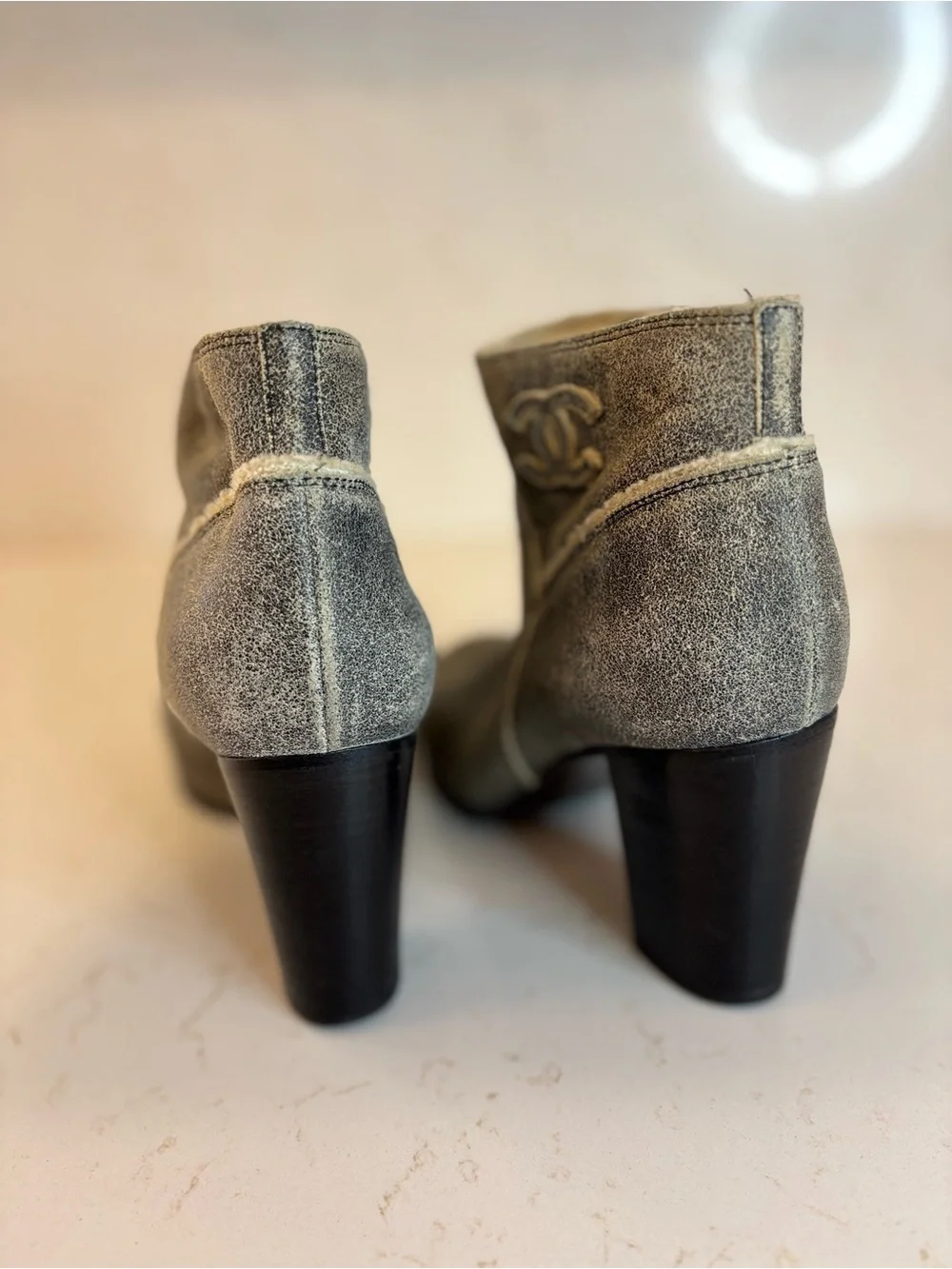 CHANEL Gray Suede Shearling Trim Ankle Booties